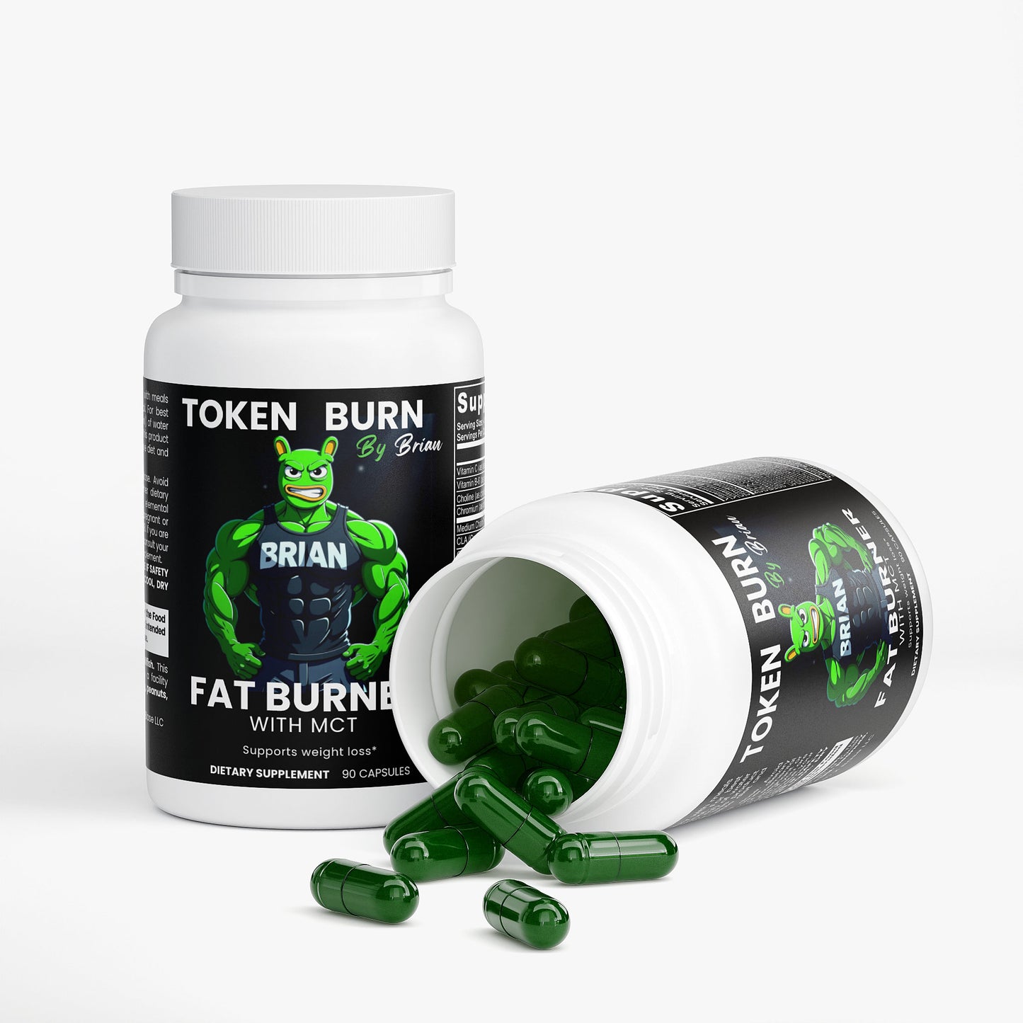 Supplement bottle labeled 'Token Burn by Brian' with green capsules on a white background