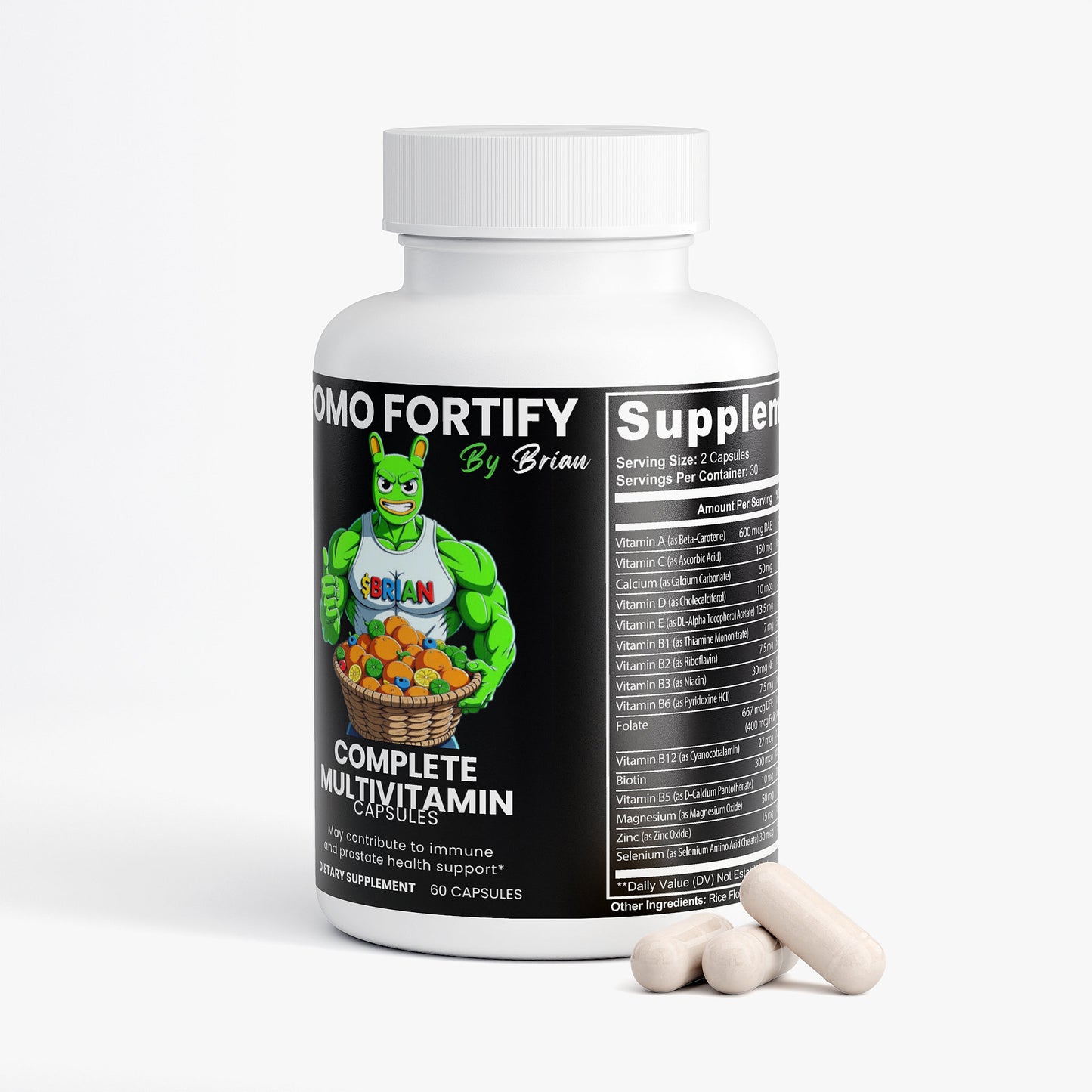 Multivitamin supplement bottle with character illustration on a white background