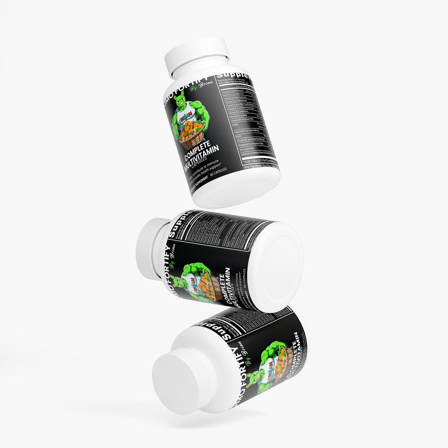 Three bottles of a complete multivitamin on a white background