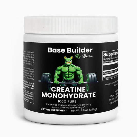 Supplement container labeled 'Base Builder by Brian' with a green muscular figure on a black background.