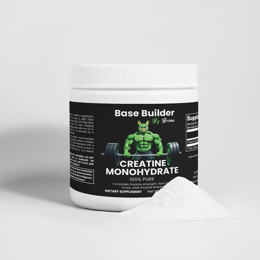 Supplement container labeled 'Base Builder' with a muscular figure on a white background