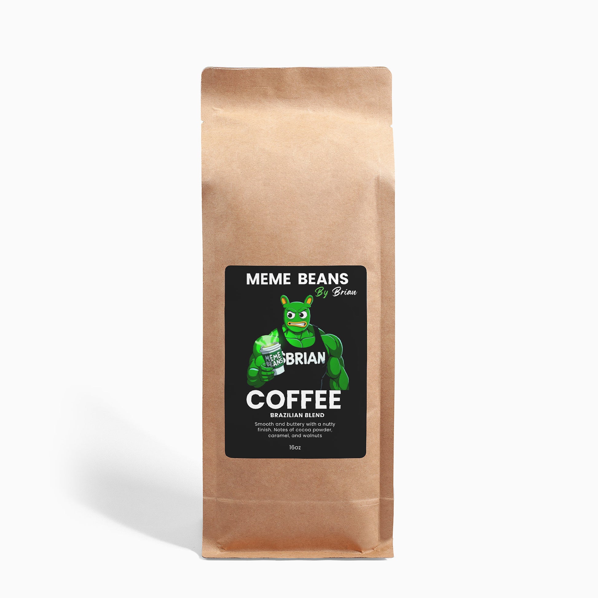 Kraft paper coffee bag with a label featuring a green superhero character on a white background