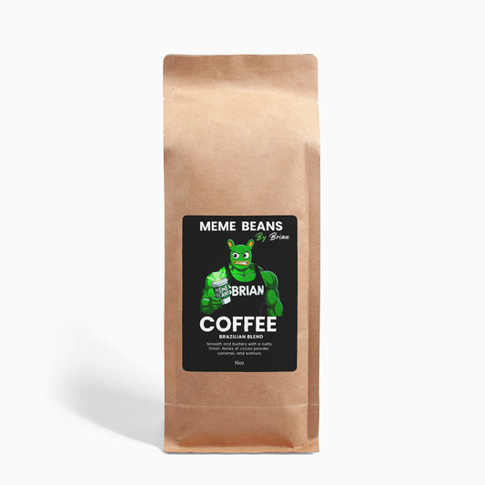 Kraft paper coffee bag with a label featuring a green superhero character on a white background