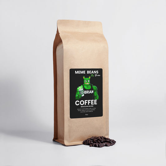 Coffee bag labeled 'Meme Beans Coffee' with a cartoon character on a light gray background