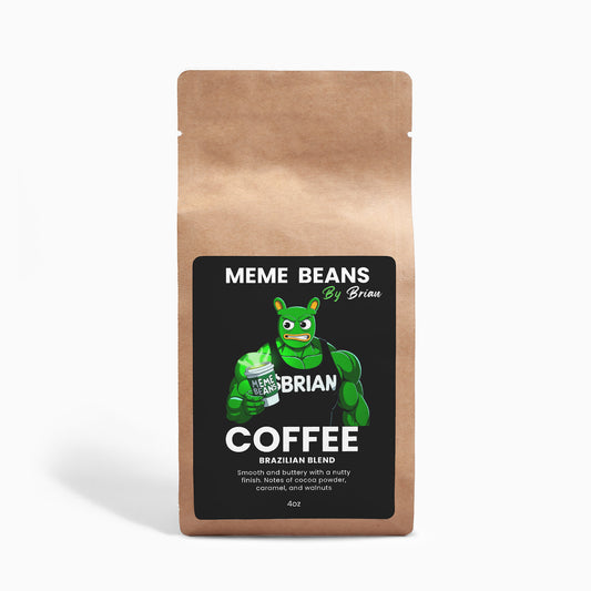 Coffee bag labeled 'Meme Beans by Brian' with a green character design on a white background