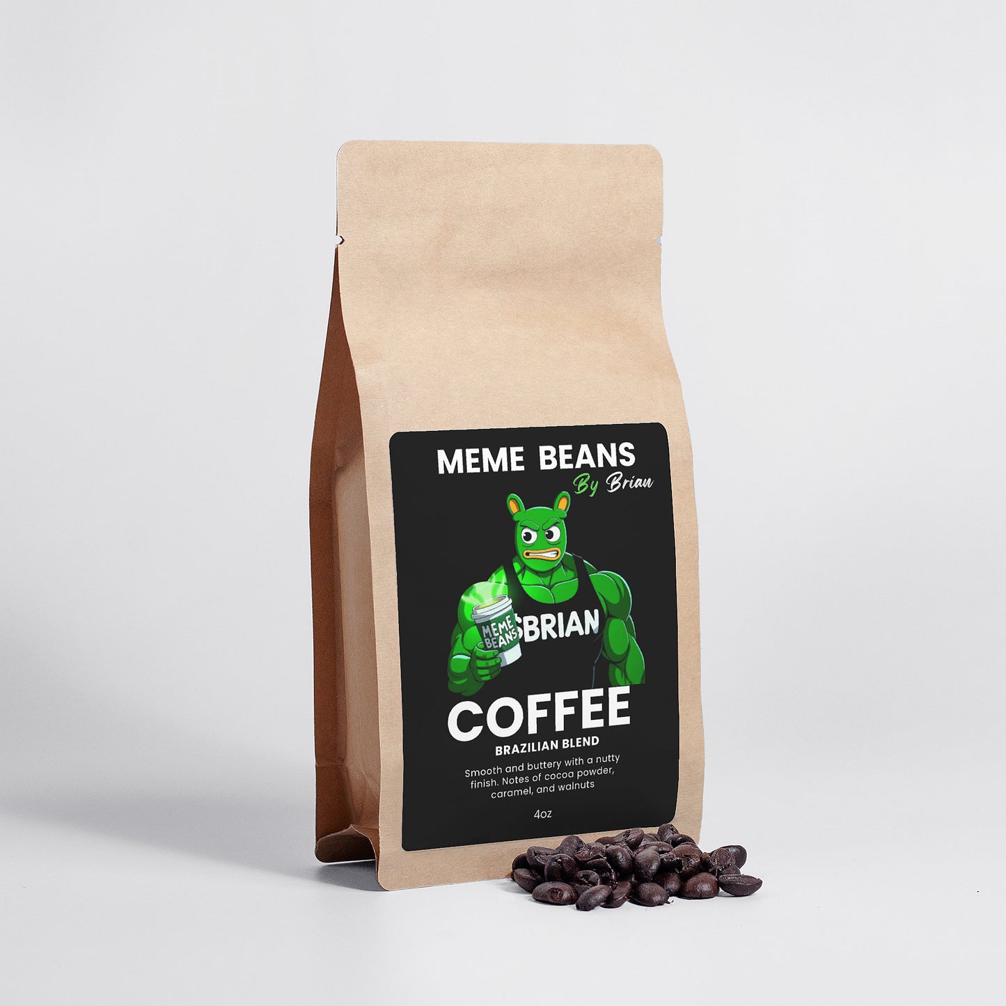 Coffee bag labeled 'Meme Beans by Brian' with coffee beans on a light gray background