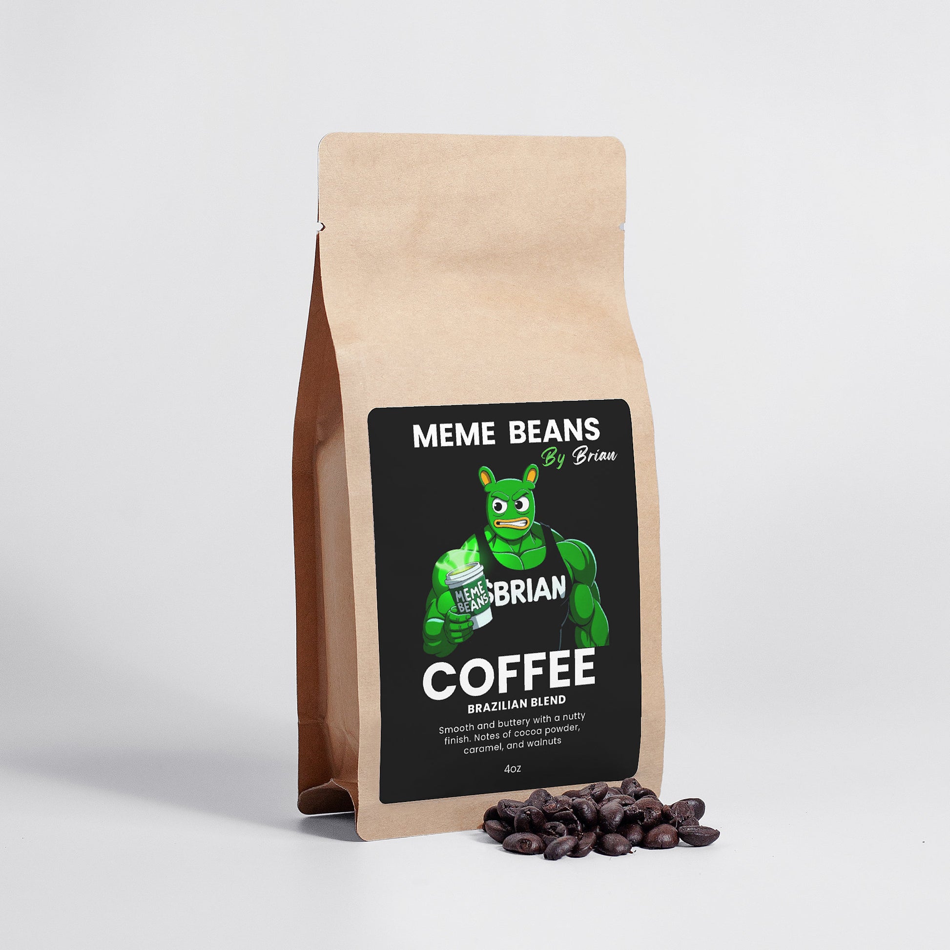Coffee bag labeled 'Meme Beans by Brian' with coffee beans on a light gray background