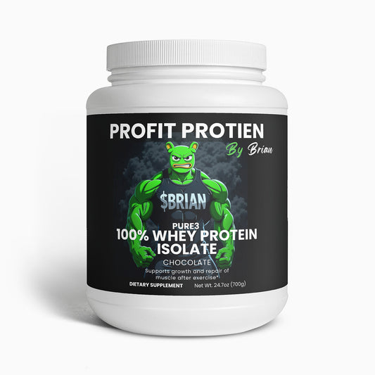 Protein supplement container with 'Profit Protien' branding on a white background
