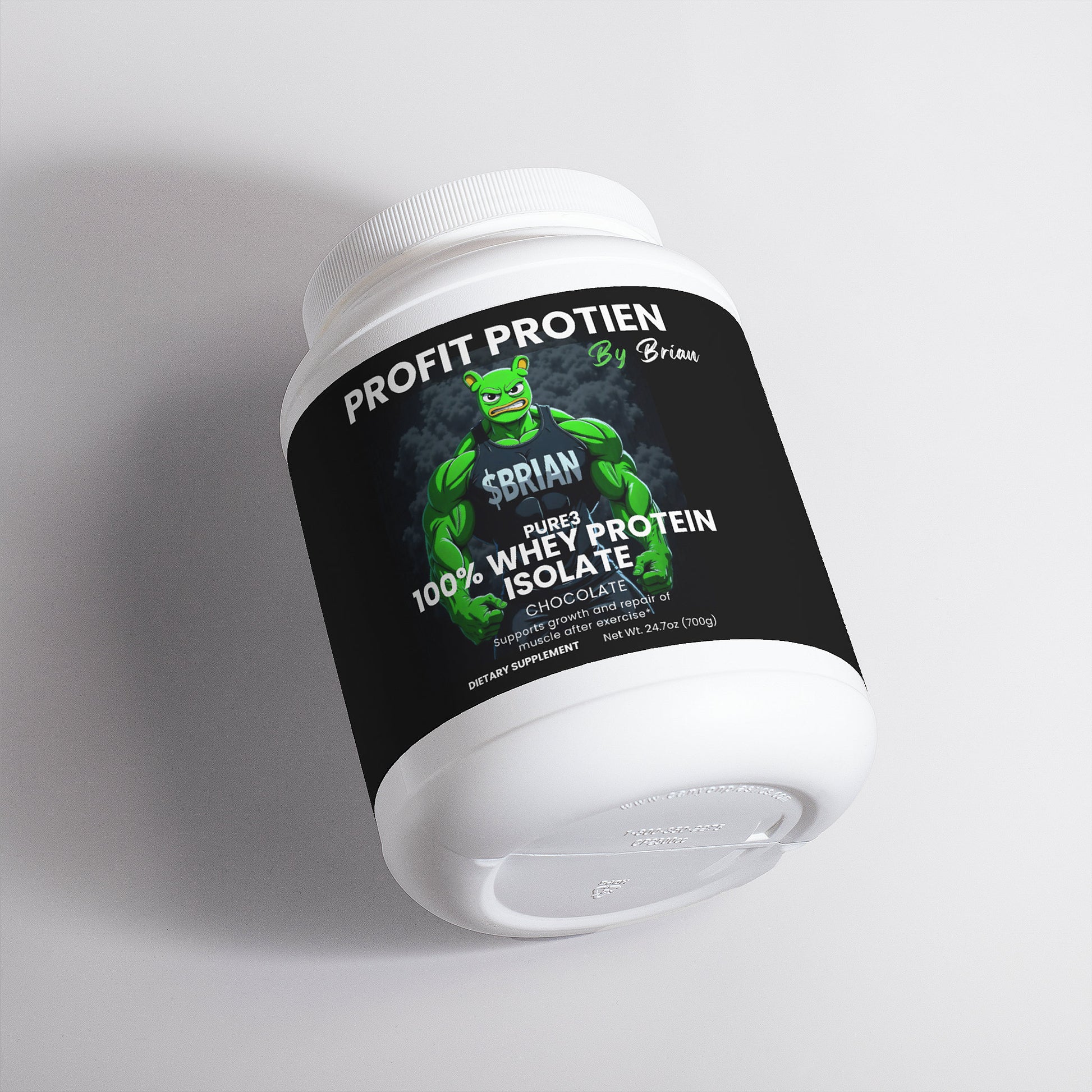 Protein powder container with a black label featuring a green superhero graphic on a light gray background