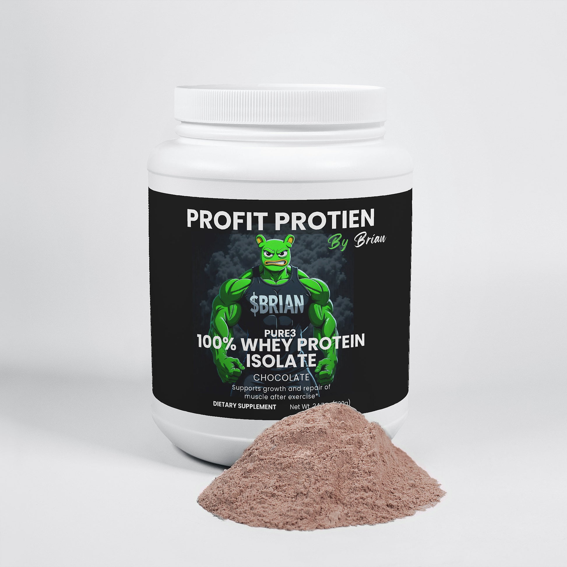 Protein powder container with a label on a white background