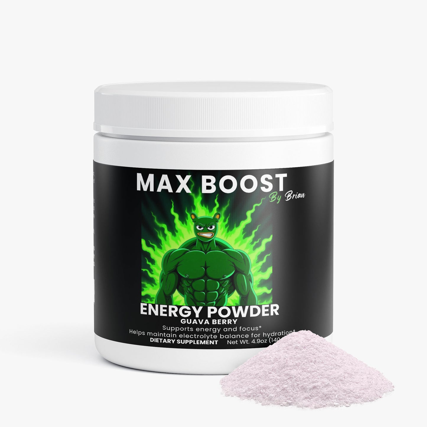Max Boost energy powder container with green superhero graphic on a white background