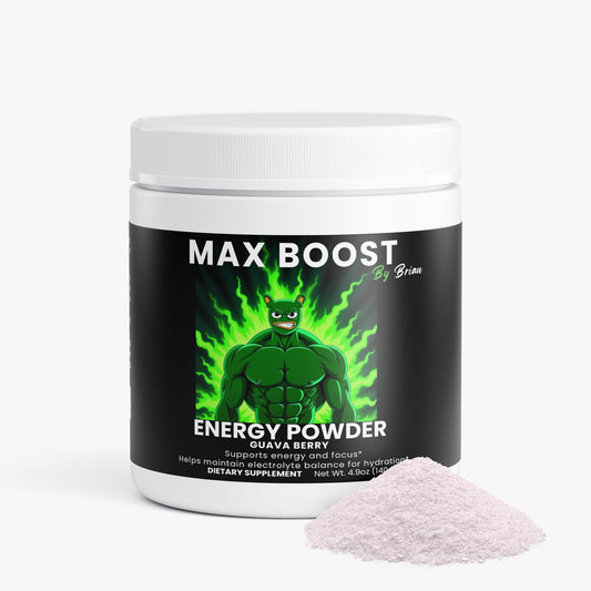 Max Boost energy powder container with green superhero graphic on a white background
