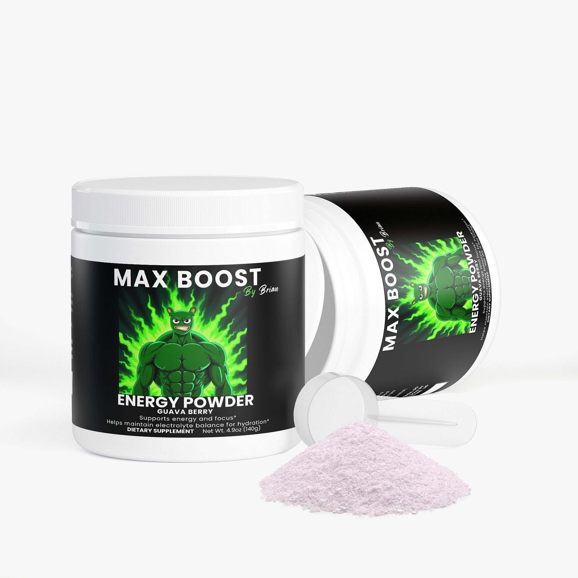 Max Boost energy powder container with green label on a white background