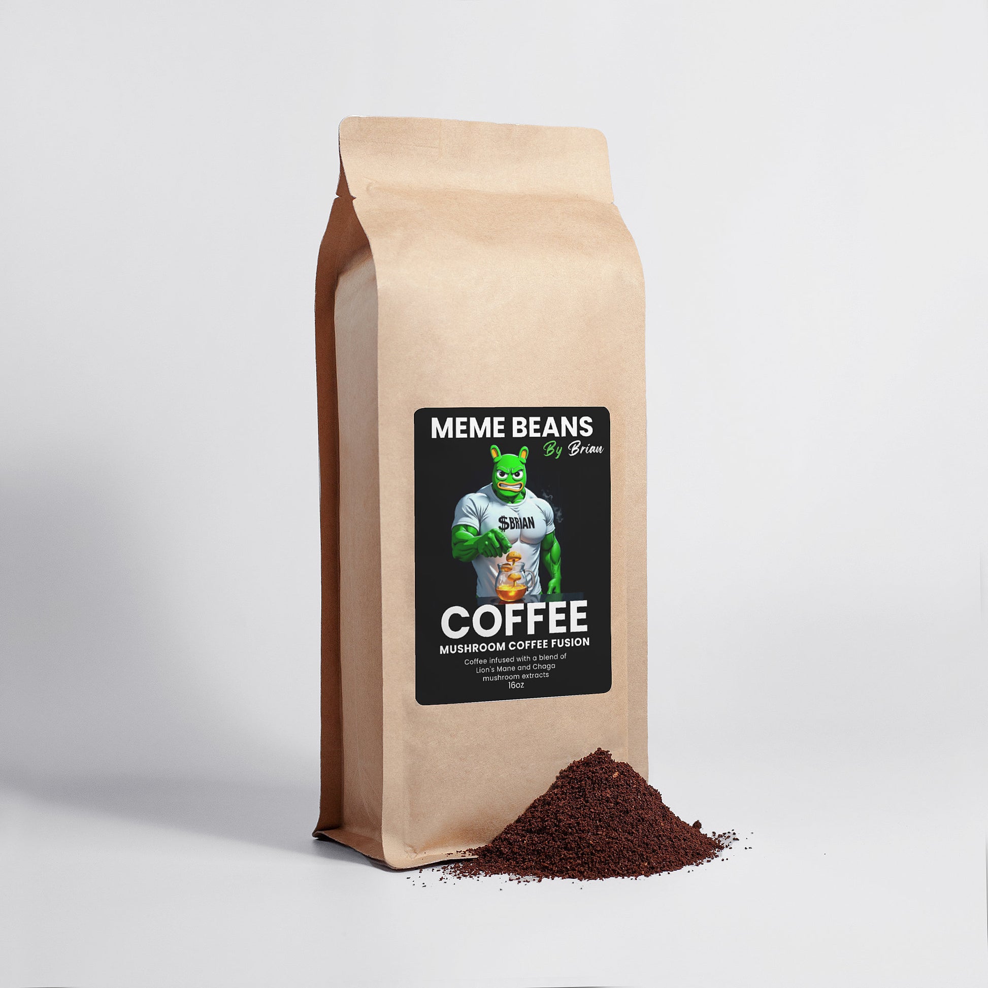 Bag of Meme Beans coffee with a label on a light gray background