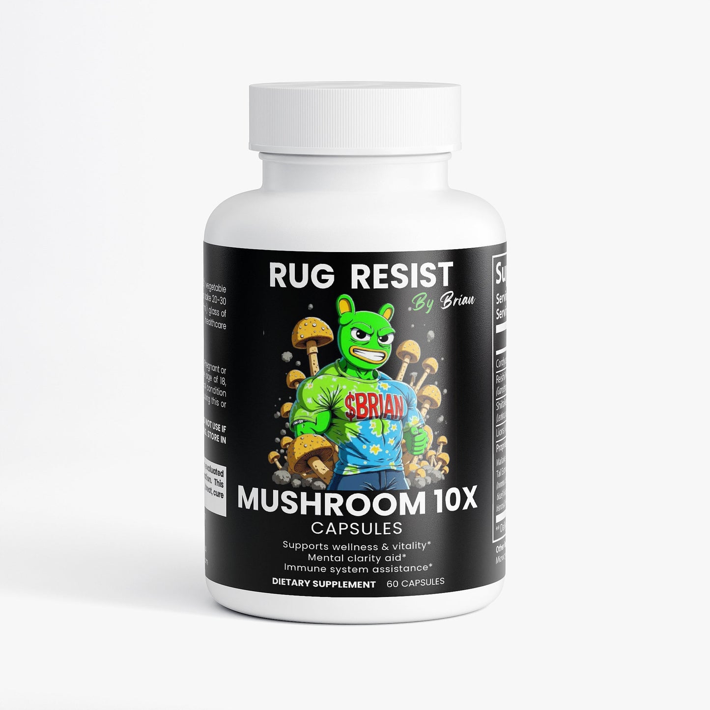 Supplement bottle labeled 'Rug Resist Mushroom 10X' on a white background
