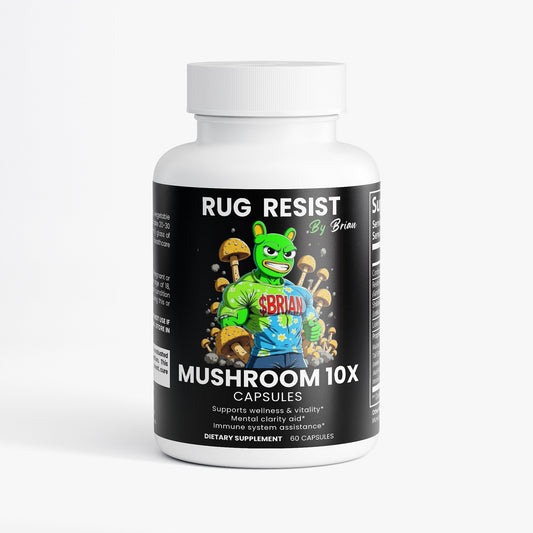 Supplement bottle labeled 'Rug Resist Mushroom 10X' on a white background