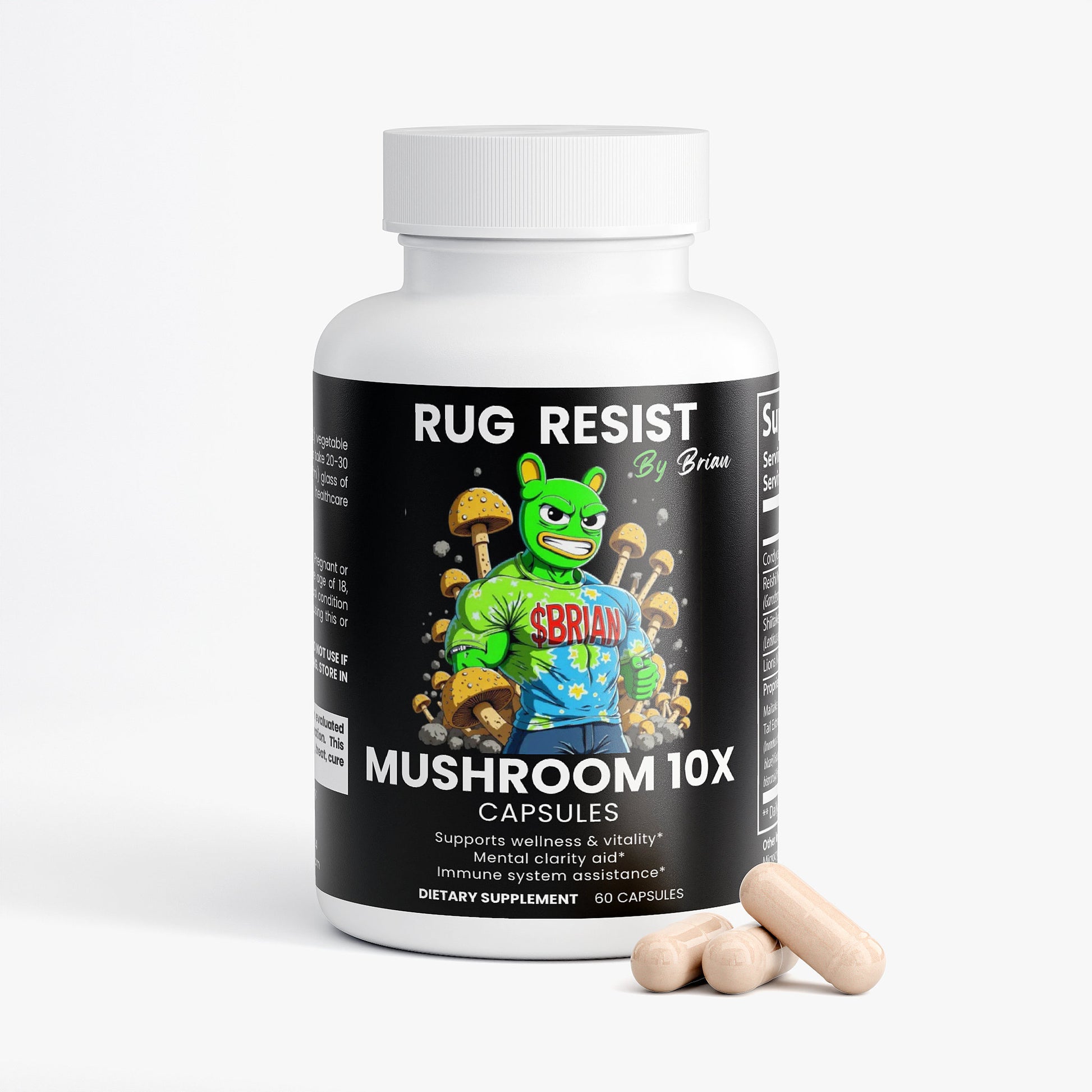 Supplement bottle labeled 'Rug Resist Mushroom 10X' with cartoon character on a white background