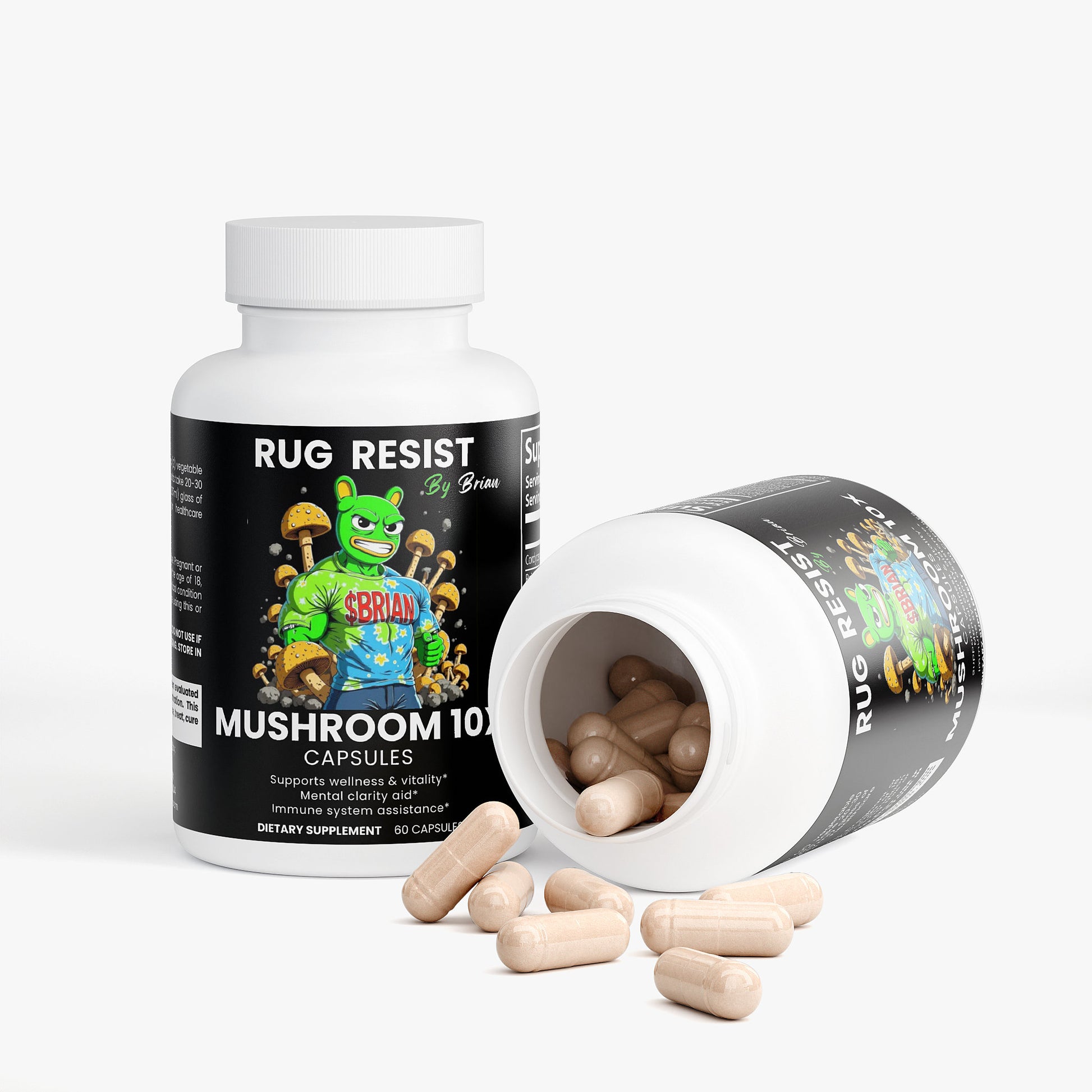 Supplement bottle labeled 'Rug Resist Mushroom 10' with open cap showing capsules on a white background