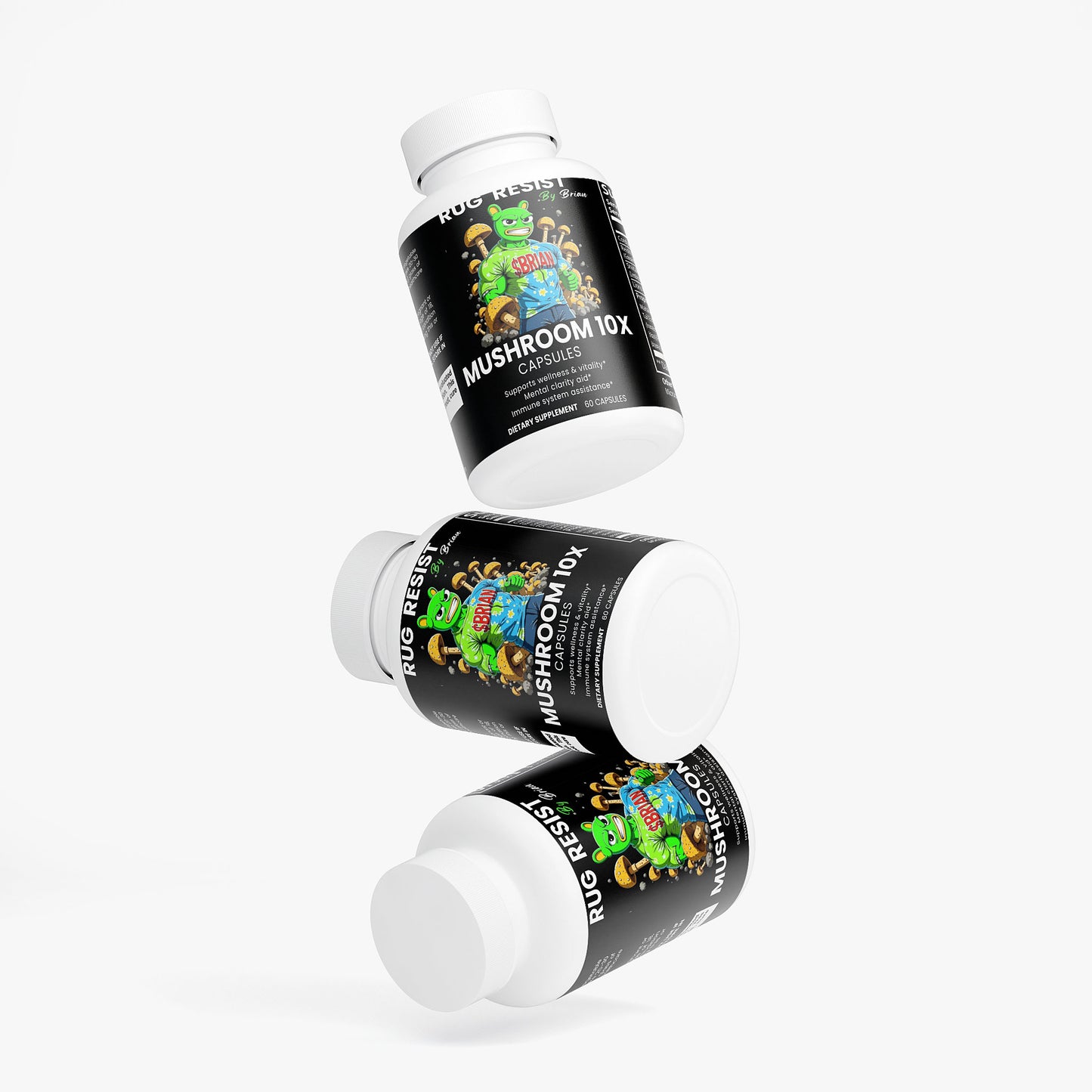 Three bottles of 'Mushroom 10x' capsules on a white background