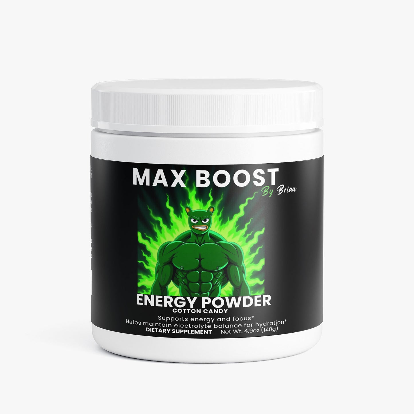 Max Boost energy powder container with green superhero graphic on a white background