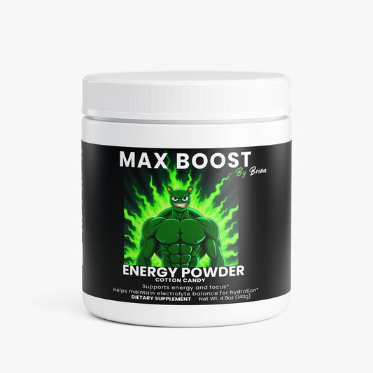 Max Boost energy powder container with green superhero graphic on a white background