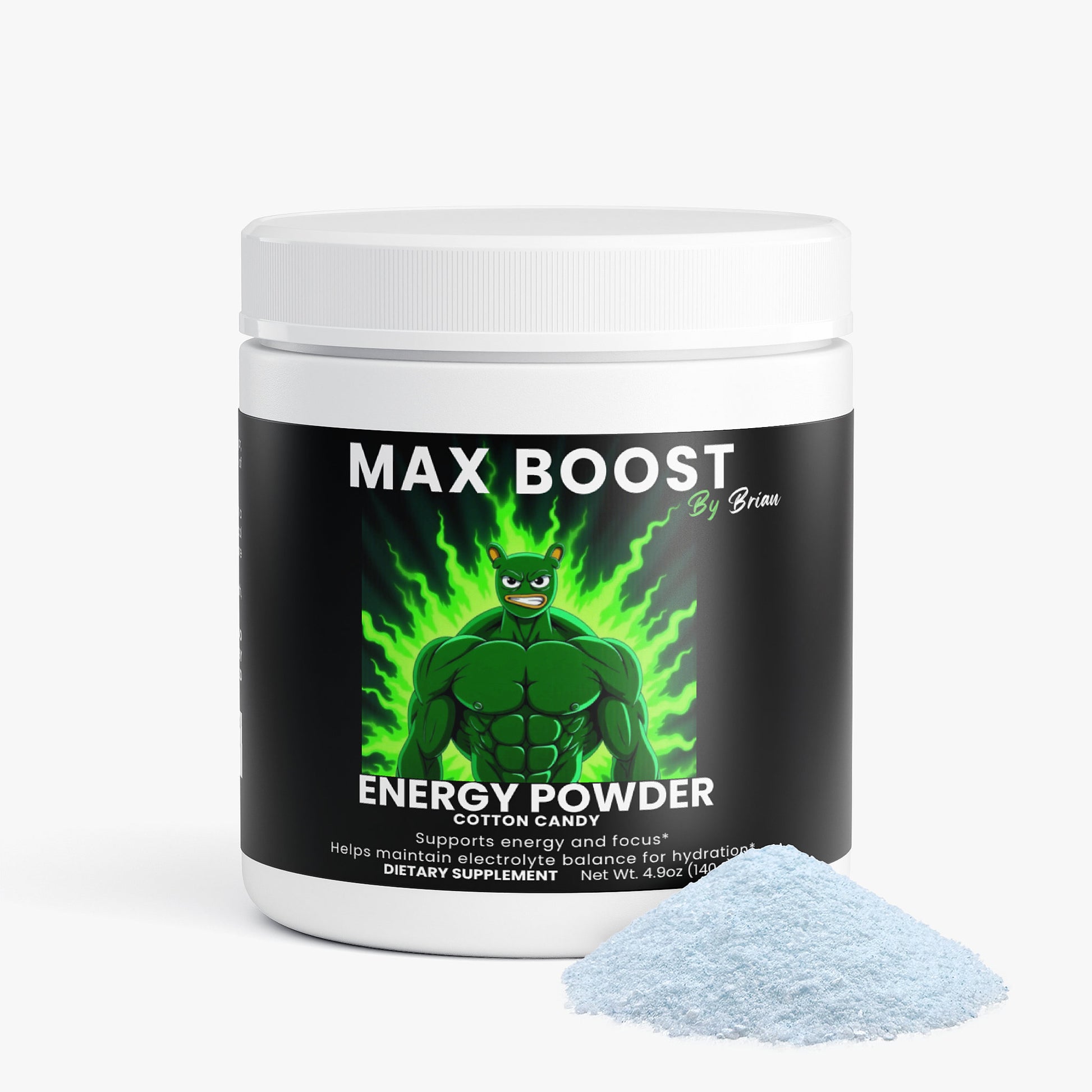 Max Boost energy powder container with green superhero graphic on a white background