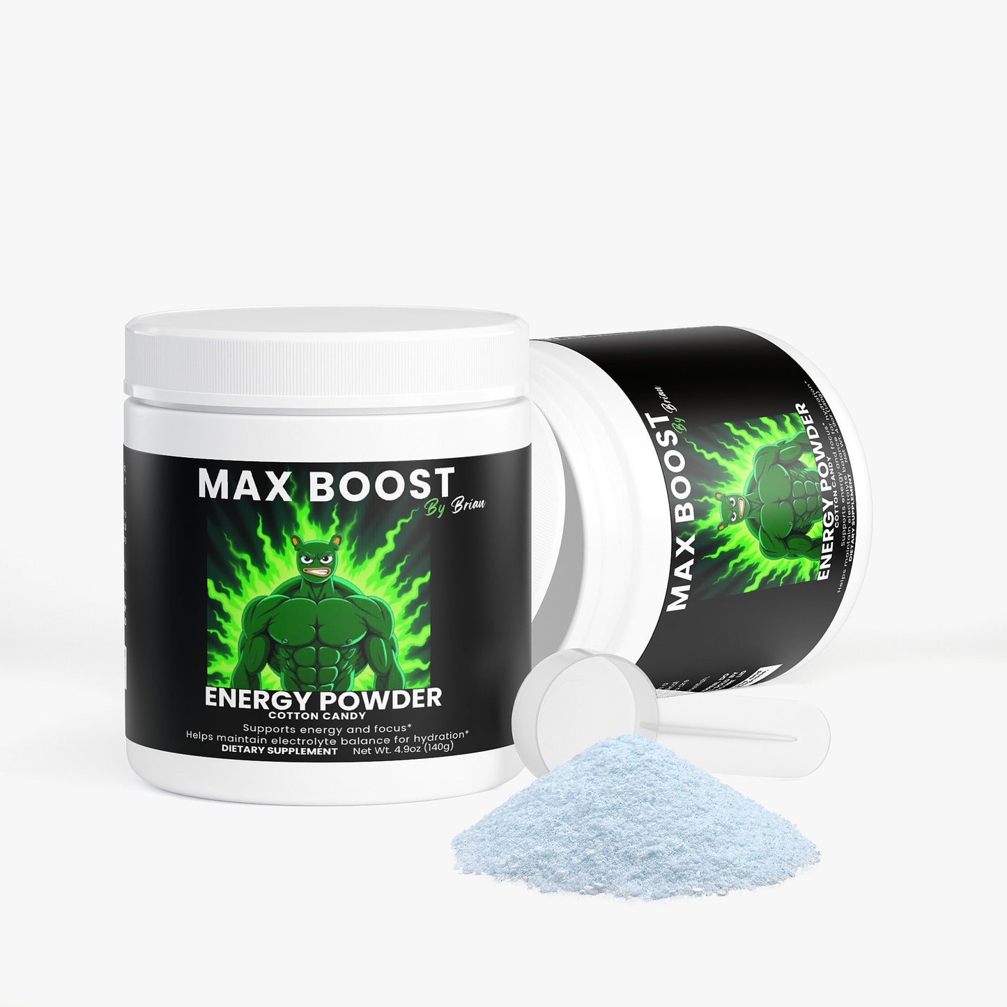Max Boost energy powder container with scoop and powder on a white background
