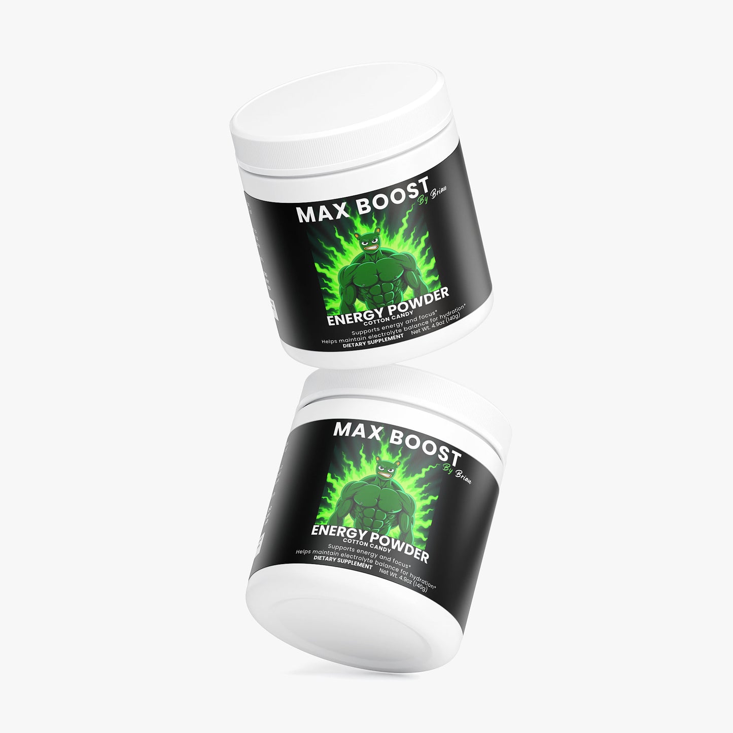 Two containers of Max Boost Energy Powder on a white background