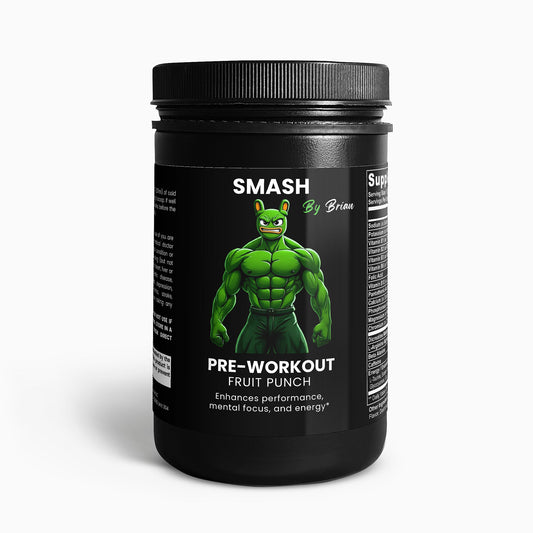Black pre-workout supplement container with green character illustration on a white background