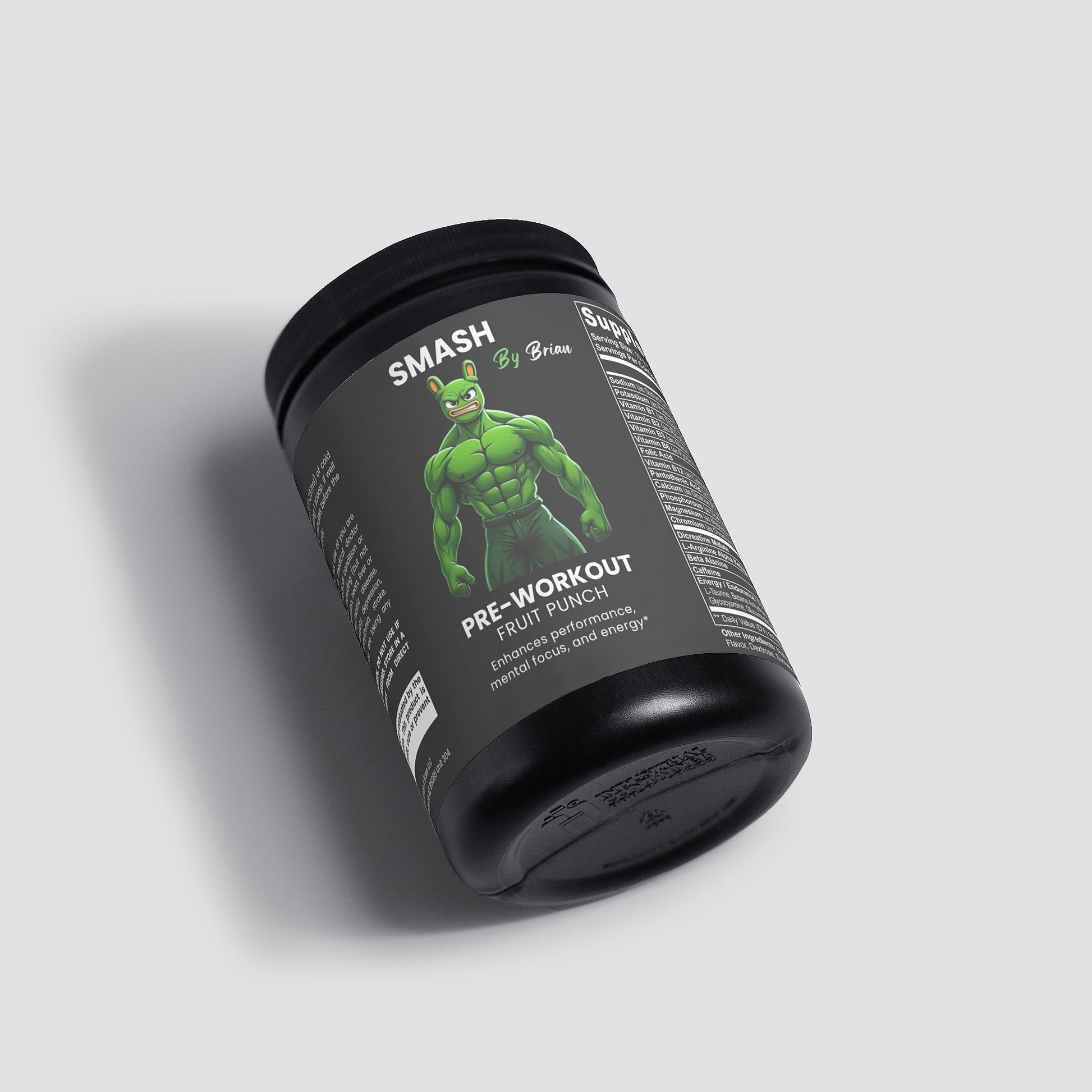 Black pre-workout supplement container with green label featuring a superhero graphic on a light gray background