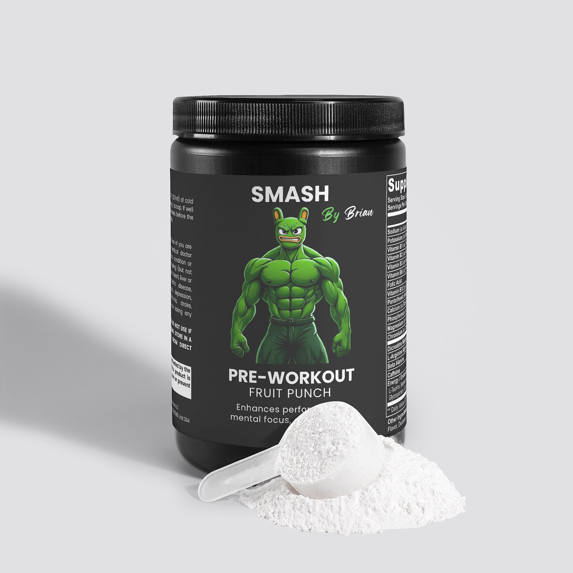 Pre-workout supplement container with green superhero graphic and powder on a light gray background