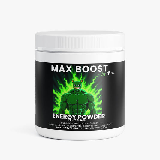 Max Boost energy powder container with green superhero graphic on a white background