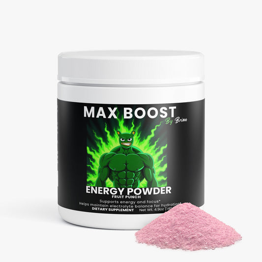 Max Boost energy powder container with pink powder on a white background