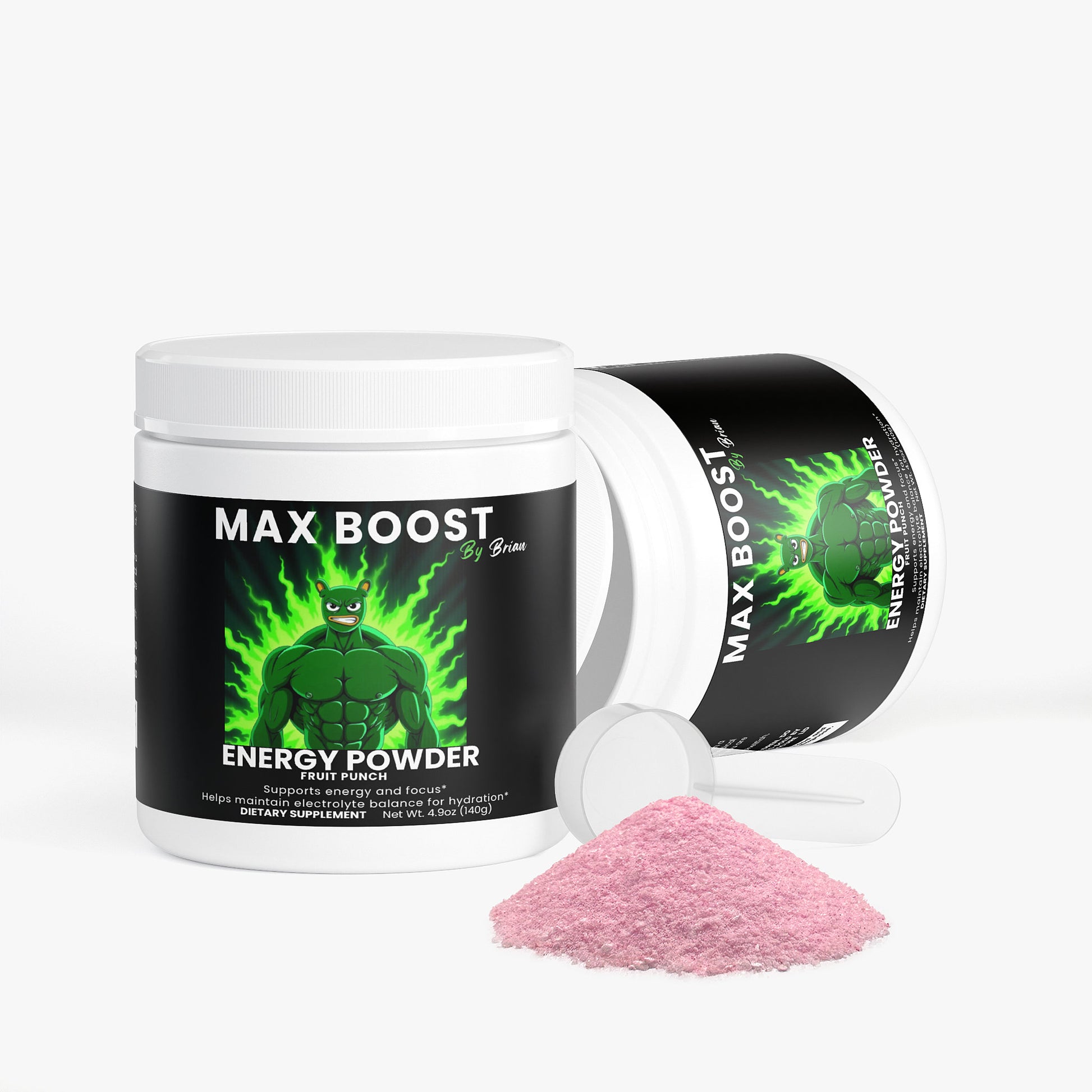Max Boost energy powder container with pink powder on a white background