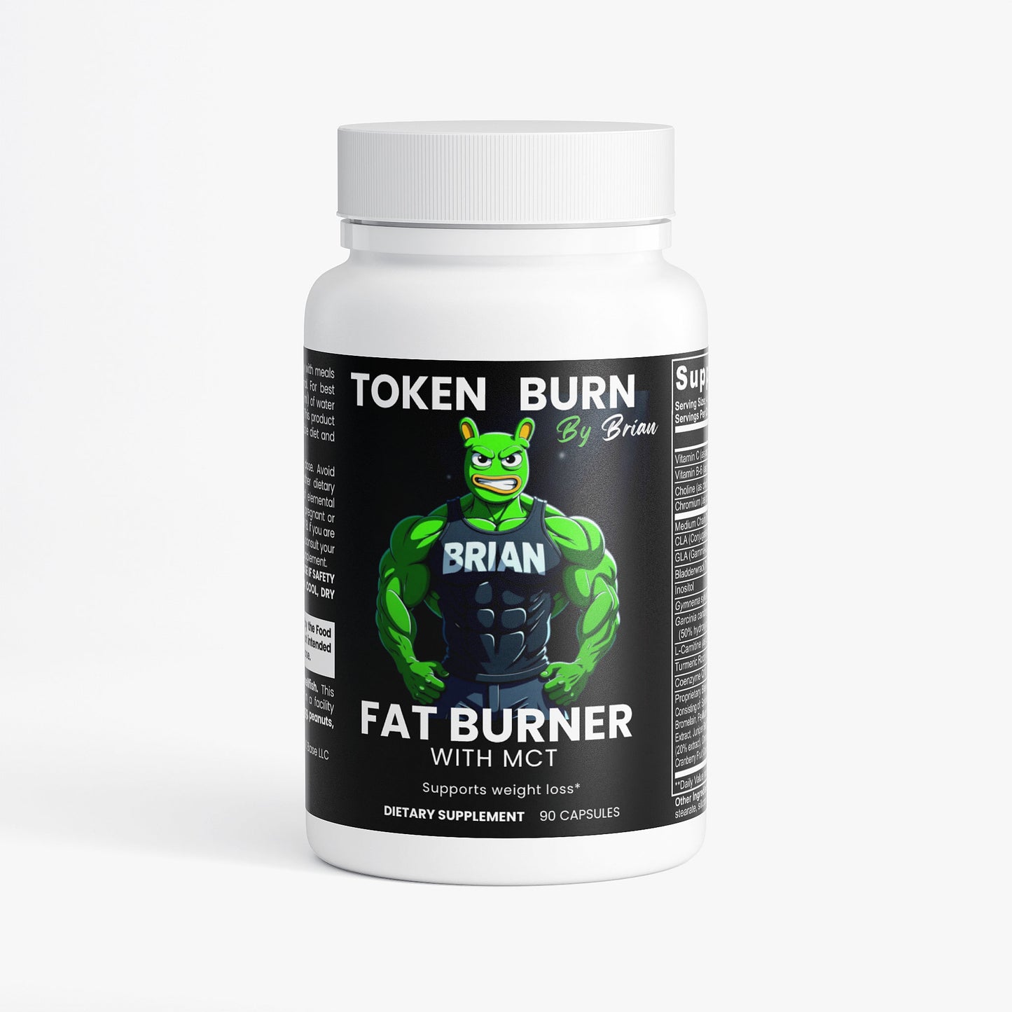 Fat burner supplement bottle with superhero graphic on a white background