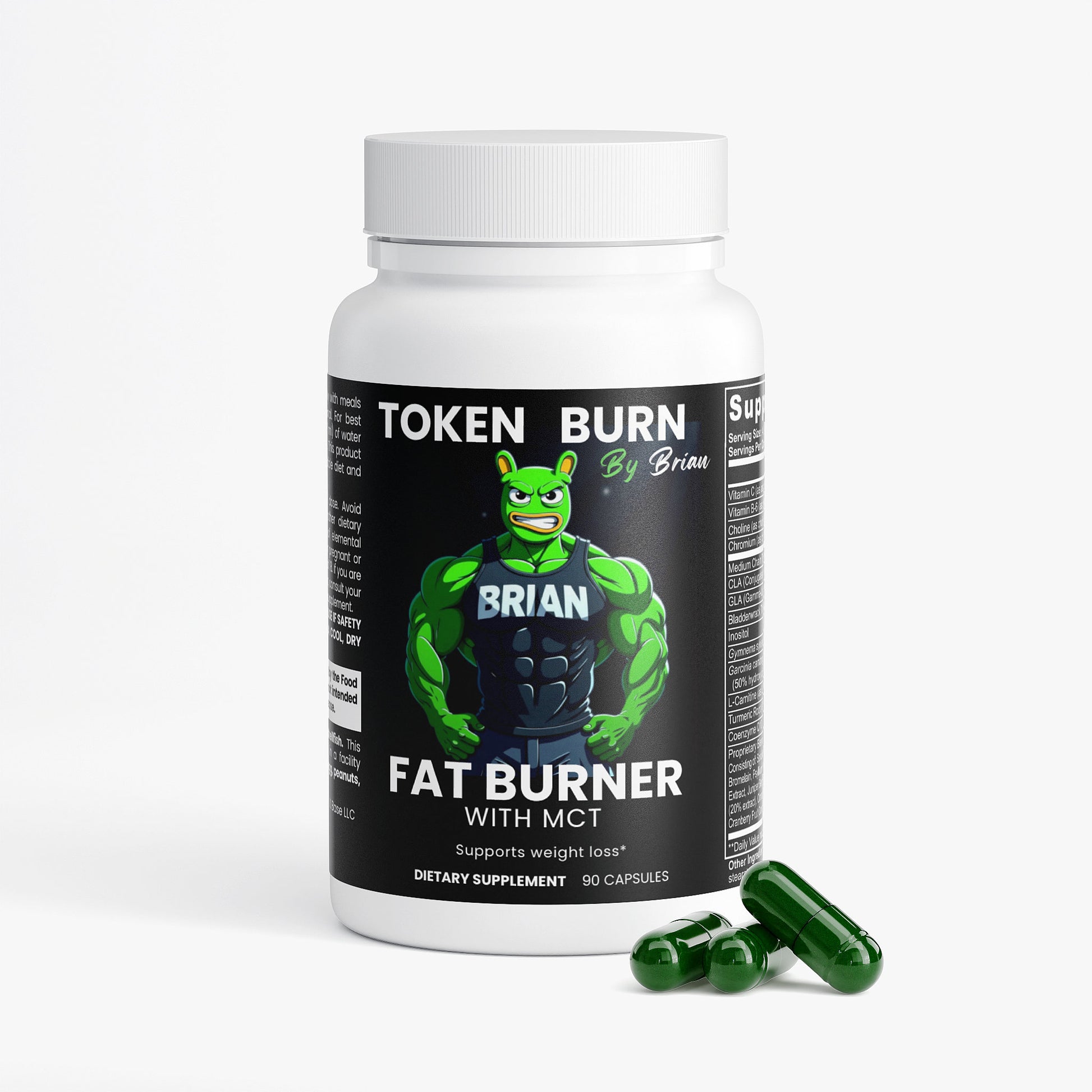 Fat burner supplement bottle with green capsules on a white background