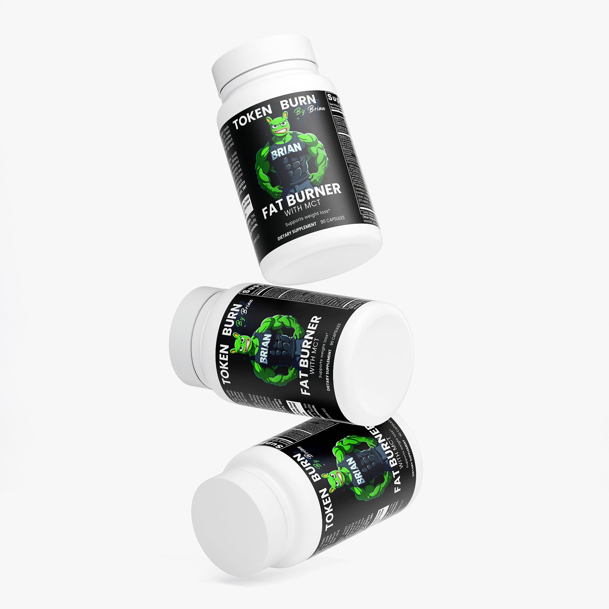 Three bottles of Token Brian Fat Burner on a white background