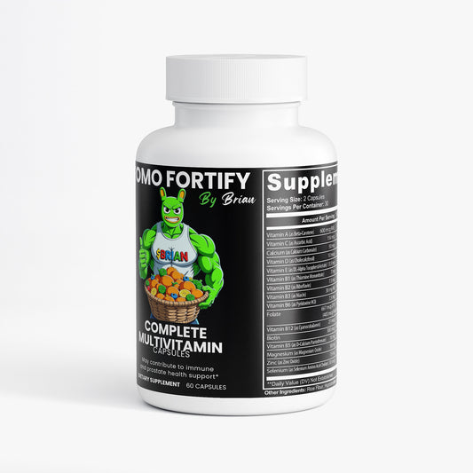 Multivitamin supplement bottle with branding on a white background