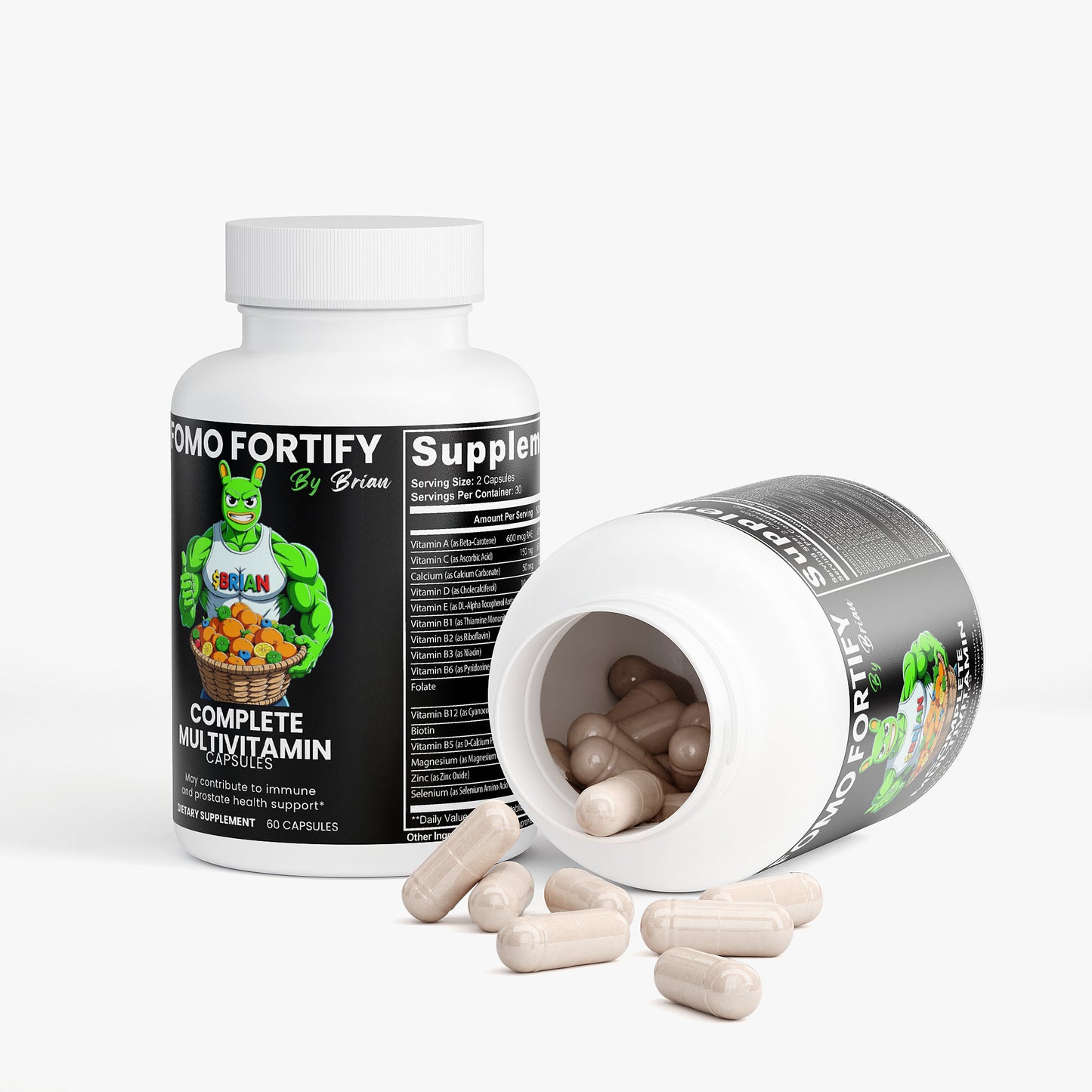 Supplement bottle labeled 'Fomo Fortify' with open cap showing capsules on a white background