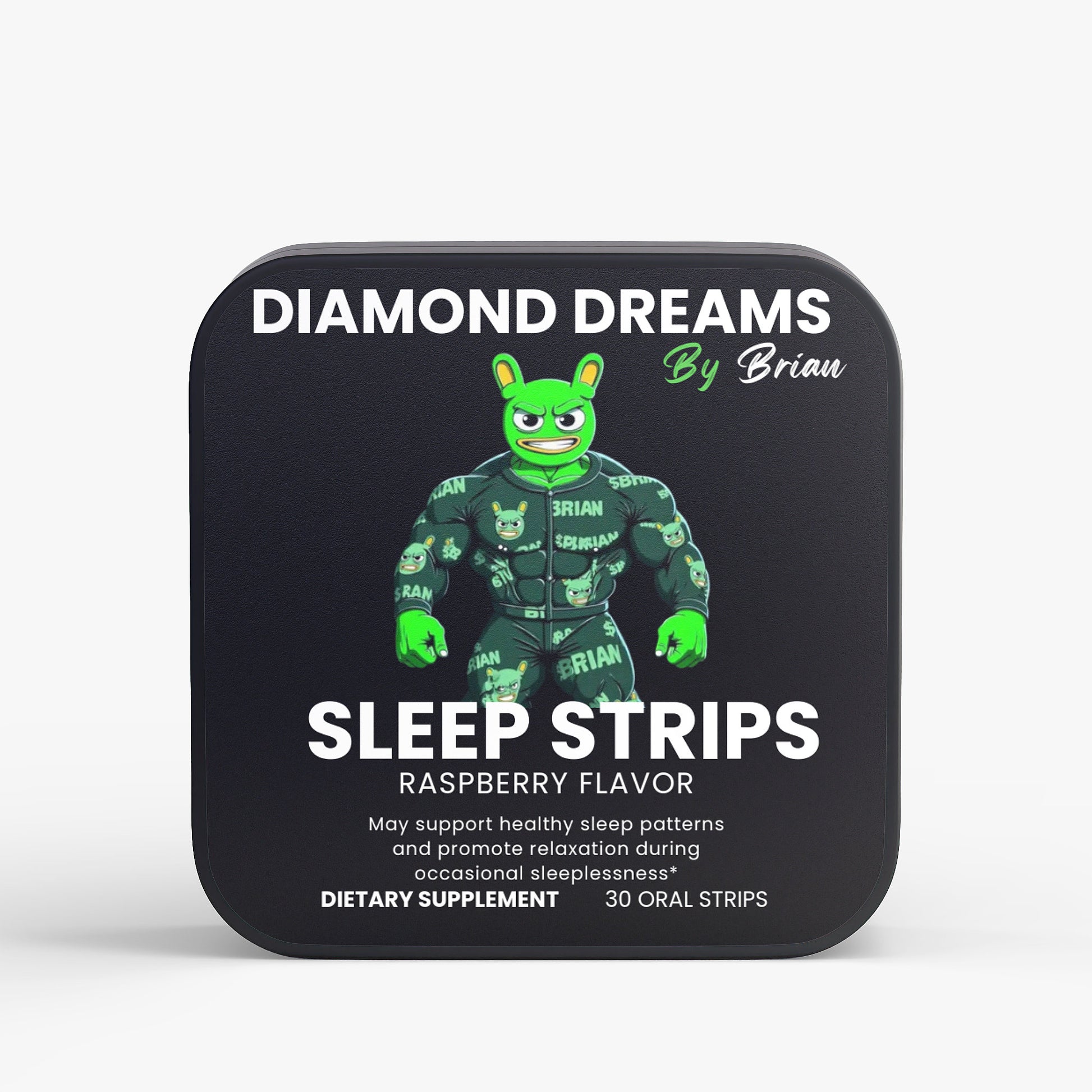 Diamond Dreams by Brian sleep strips packaging with green character illustration on a white background
