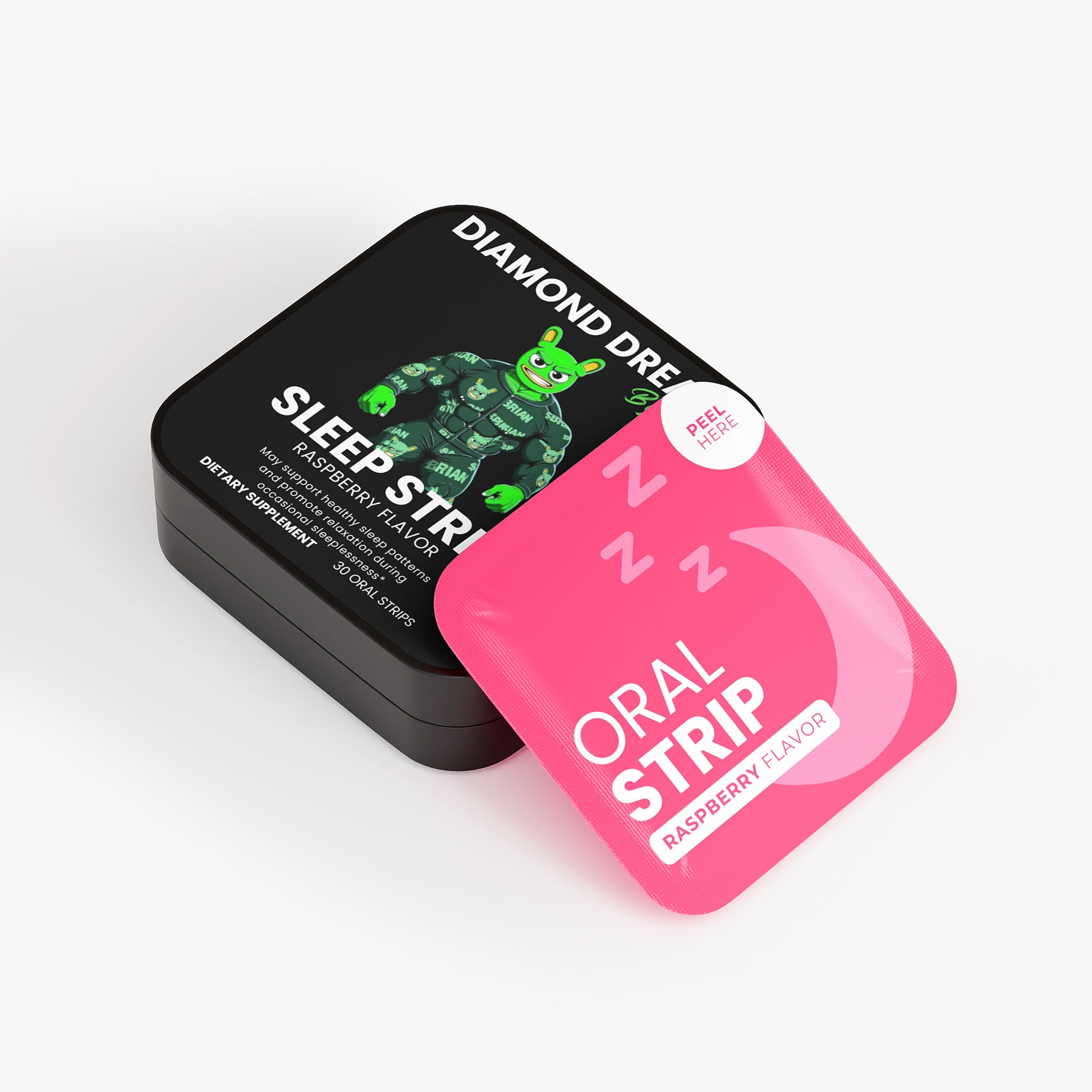 Pink oral strip packaging with black container labeled 'Diamond Dre' on a white background