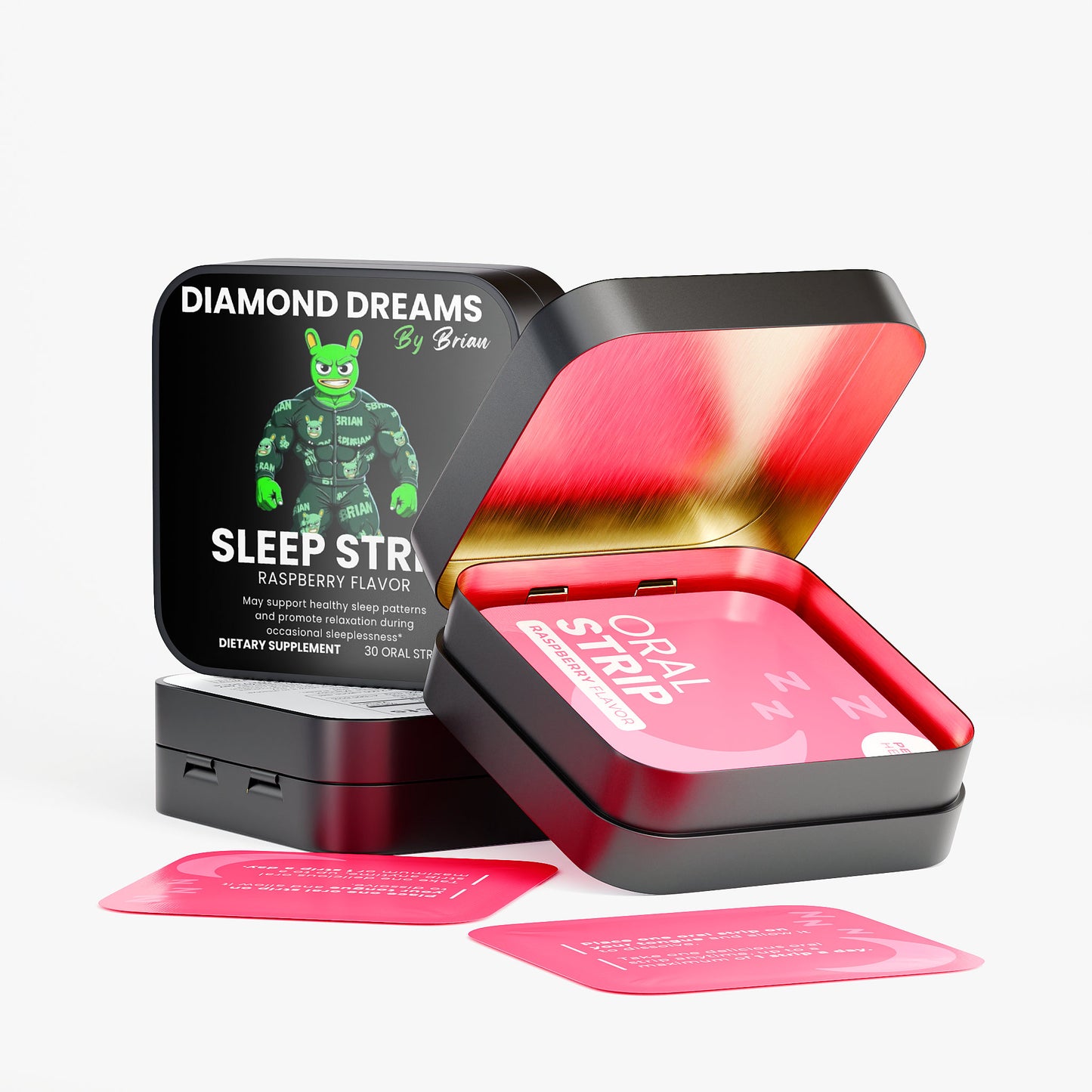 Diamond Dreams by Brain dietary supplement packaging with pink strips on a white background