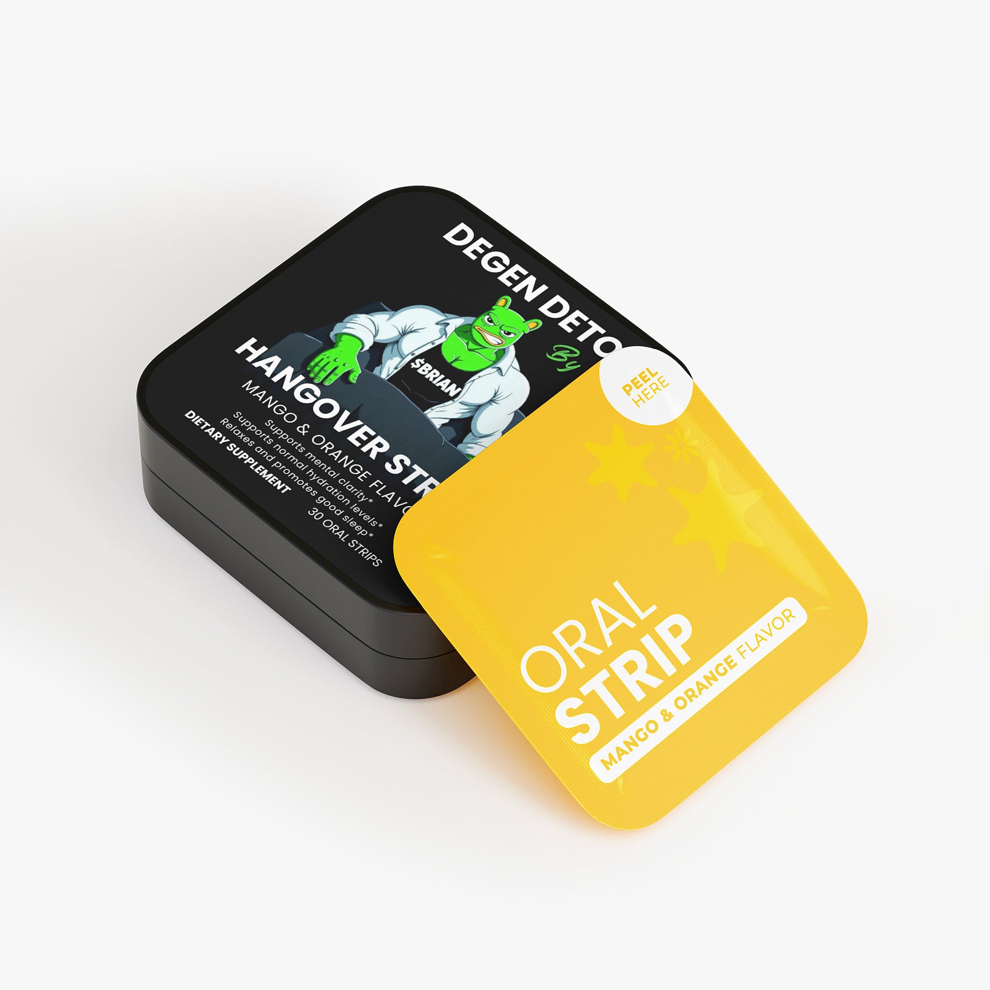 Degen Detox Hangover Strip packaging with yellow and black design on a white background