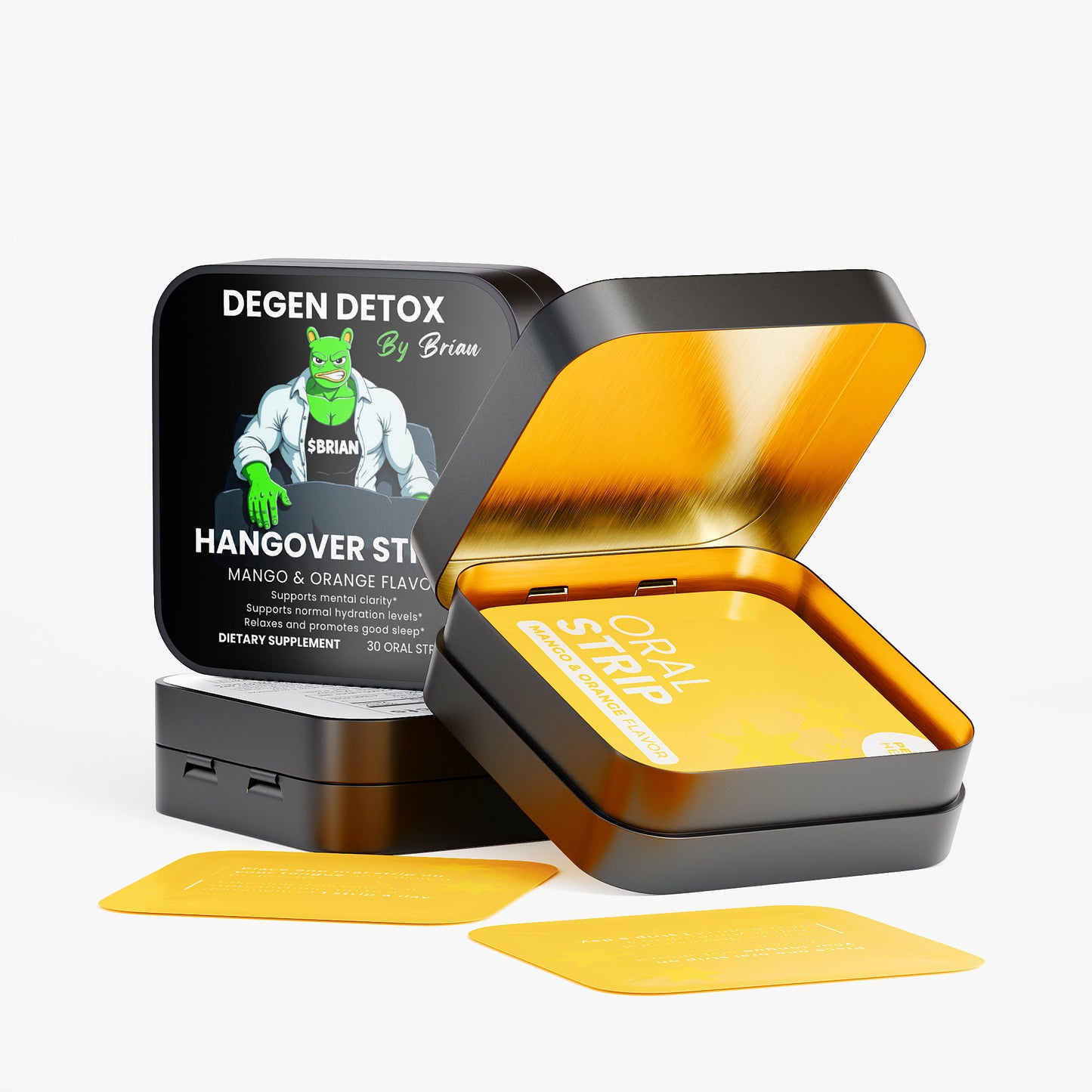Degen Detox Hangover Strip packaging with yellow strip and black container on a white background