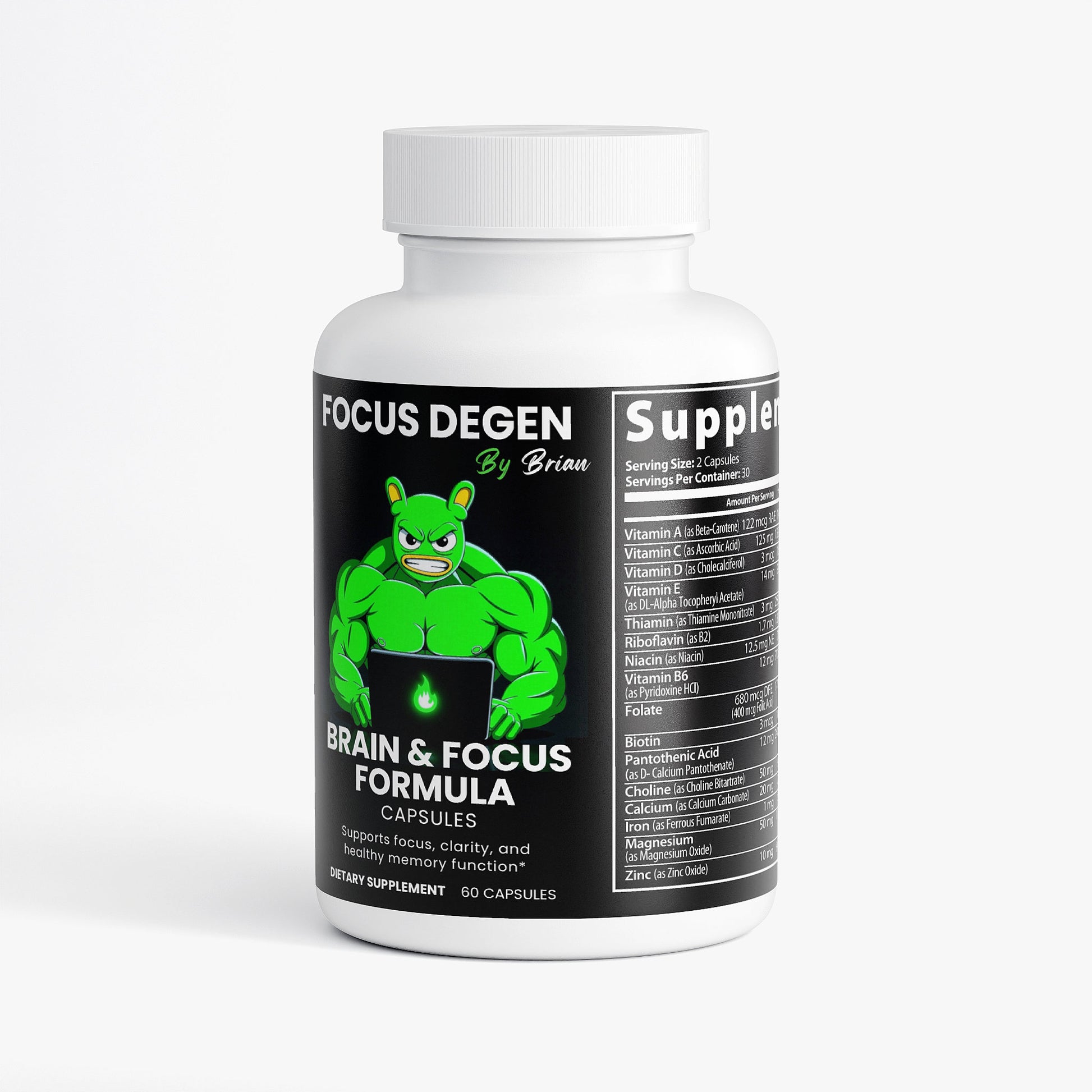 Supplement bottle labeled 'Focus Degen by Brian' on a white background