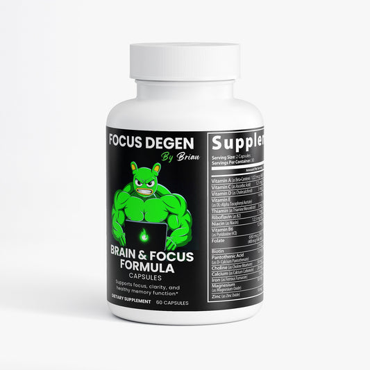 Supplement bottle labeled 'Focus Degen by Brian' on a white background