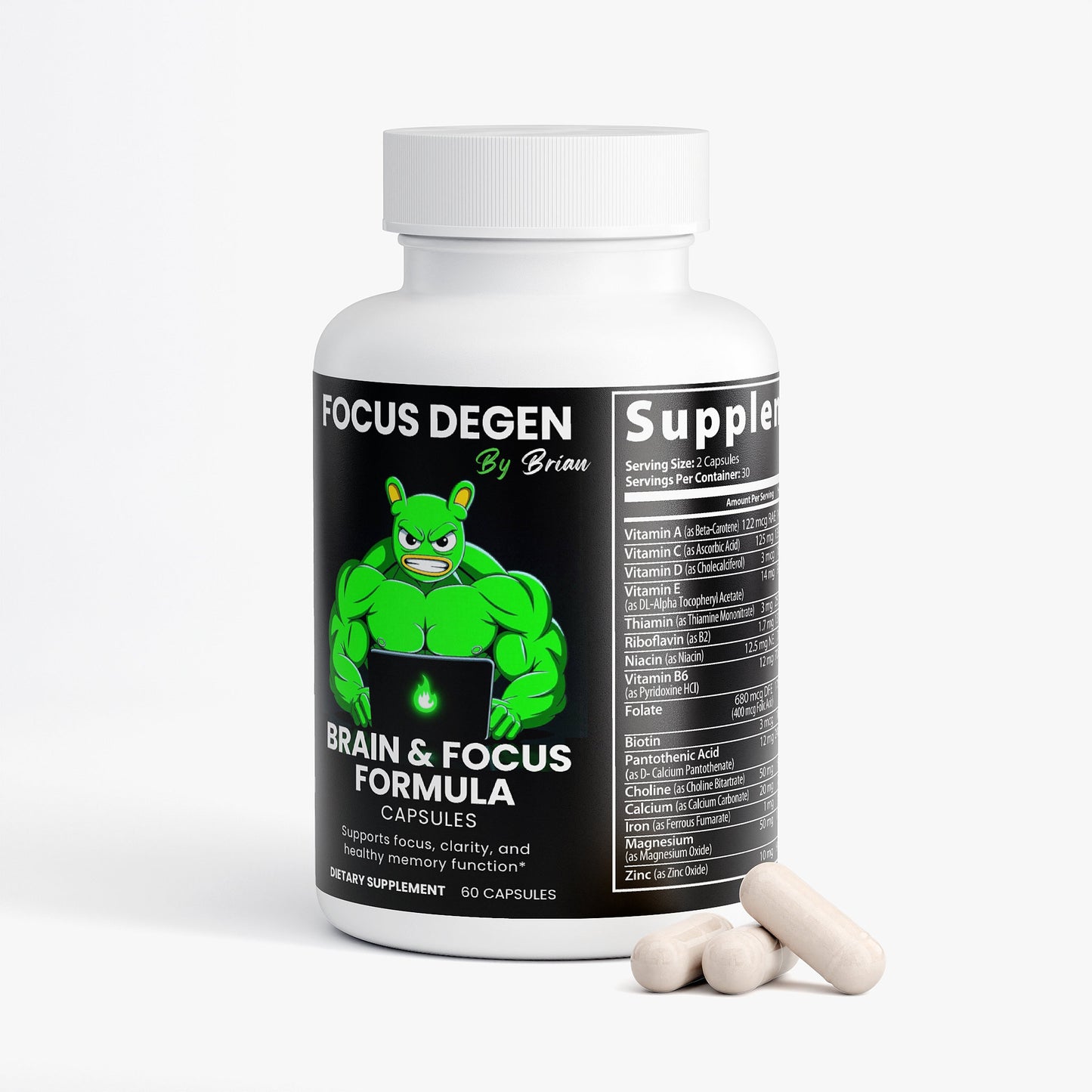 Supplement bottle labeled 'Focus Degen by Brian' with a green superhero graphic on a white background