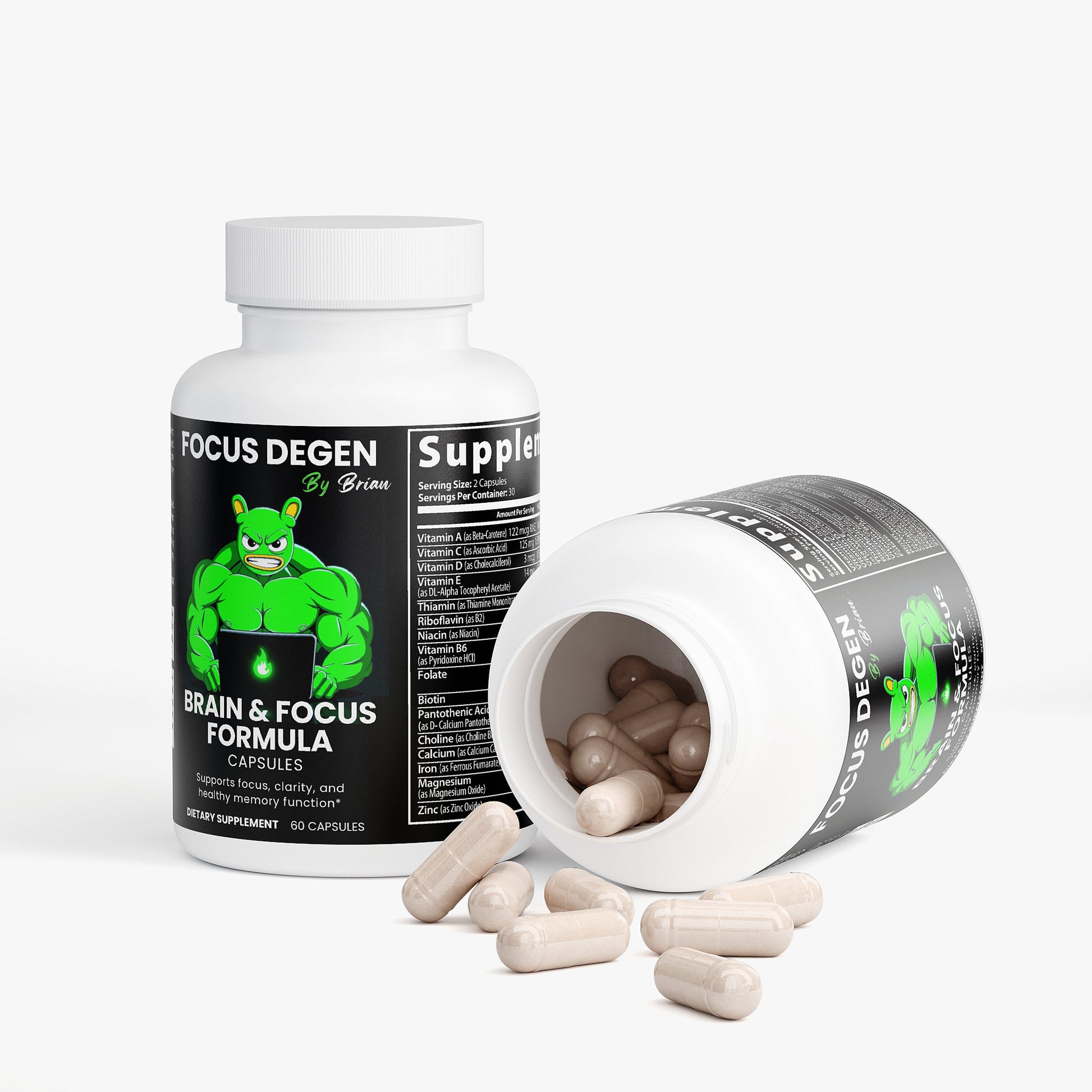Supplement bottle labeled 'Focus Degen' with open lid showing capsules on a white background