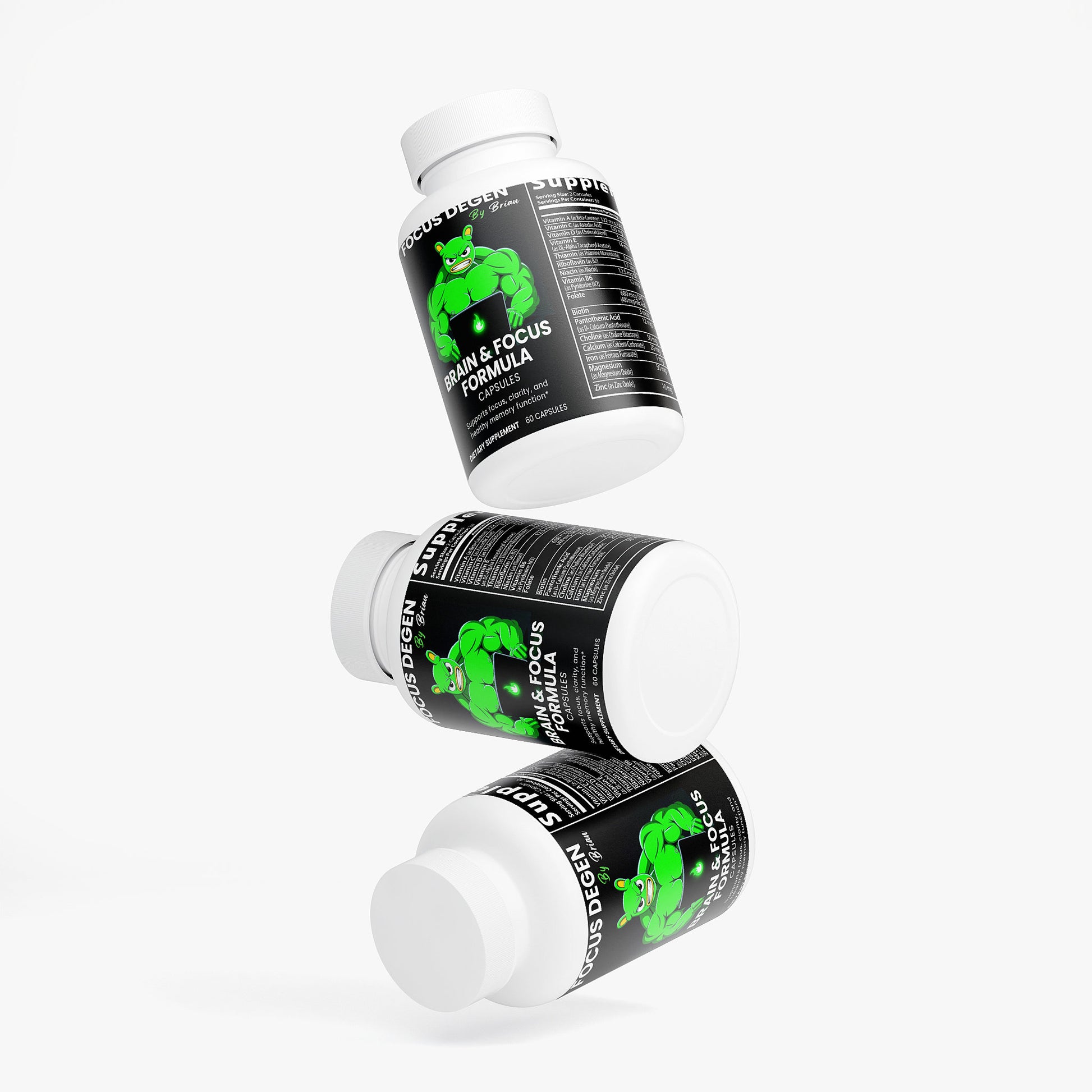 Three bottles of a 'Brain & Focus Formula' with green logos on a white background