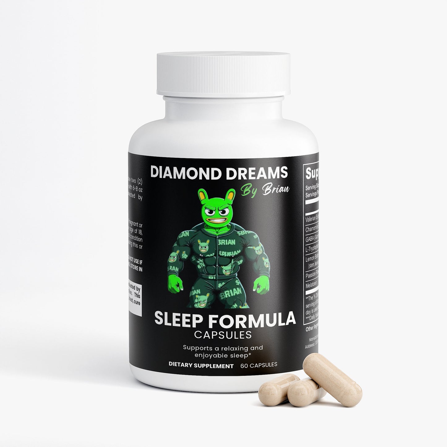 Diamond Dreams by Brian sleep formula capsules bottle with green superhero graphic on a white background
